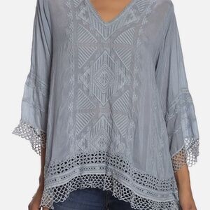 Johnny Was Embroidered RENEE Crochet Lace Trim Tunic Blouse S 3/4 Sleeve Fog